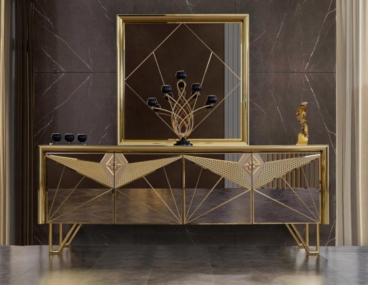 Мягкая мебель, шкаф, тумба, телевизионная тумба в изысканном дизайне с золотистыми элементами.