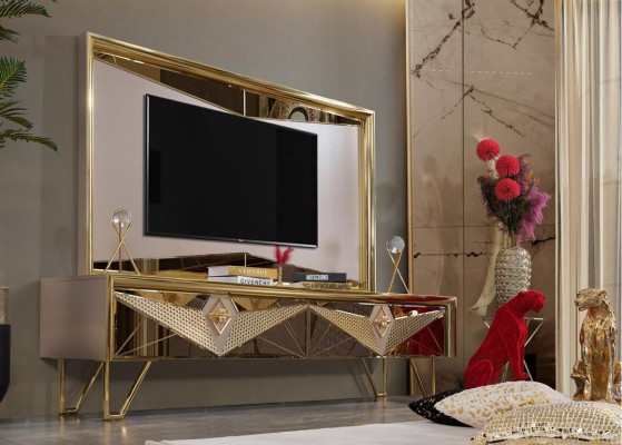 Мягкая мебель, шкаф, тумба, телевизионная тумба в изысканном дизайне с золотистыми элементами.