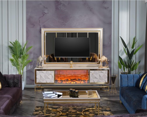 Каминная стойка для телевизора с кофейным столиком в элегантном премиальном дизайне из нержавеющей стали.