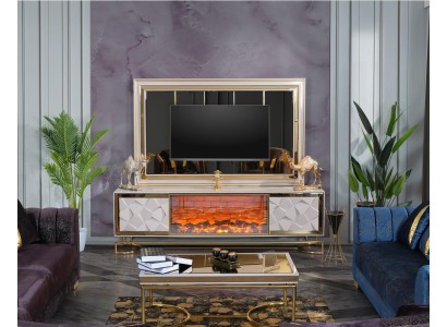 Каминная стойка для телевизора с кофейным столиком в элегантном премиальном дизайне из нержавеющей стали.