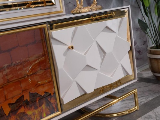 Каминная стойка для телевизора с кофейным столиком в элегантном премиальном дизайне из нержавеющей стали.