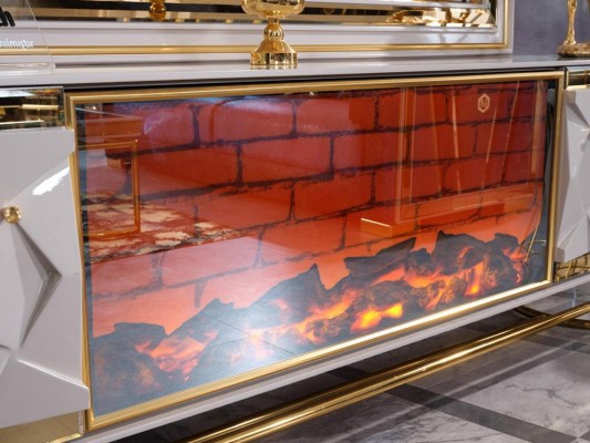 Каминная стойка для телевизора с кофейным столиком в элегантном премиальном дизайне из нержавеющей стали.