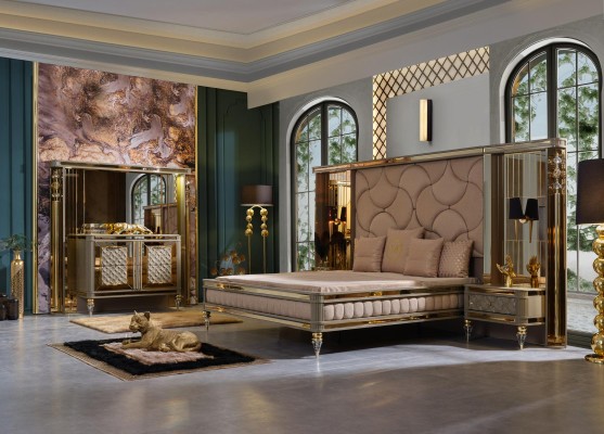 Дизайнерский комплект для сна: двуспальная кровать, прикроватные тумбочки, комод с премиальным зеркалом
