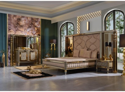 Дизайнерский комплект для сна: двуспальная кровать, прикроватные тумбочки, комод с премиальным зеркалом