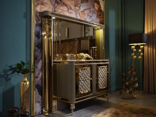 Дизайнерский комплект для сна: двуспальная кровать, прикроватные тумбочки, комод с премиальным зеркалом