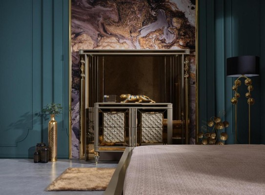 Дизайнерский комплект для сна: двуспальная кровать, прикроватные тумбочки, комод с премиальным зеркалом