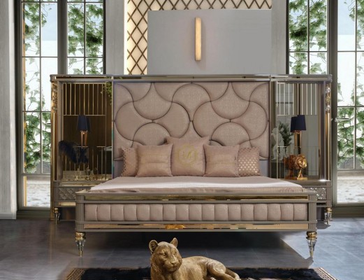 Дизайнерский комплект для сна: двуспальная кровать, прикроватные тумбочки, комод с премиальным зеркалом