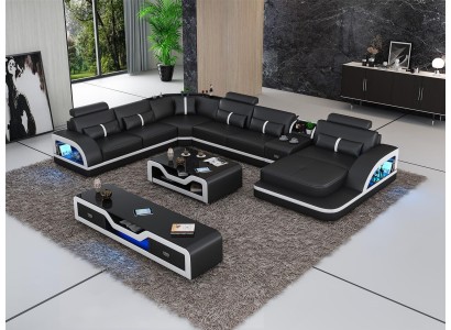 Ecksofa Schwarz mit Couchtisch 2tlg. Wohnzimmer Ledersofa Set Eckgarnitur Tisch