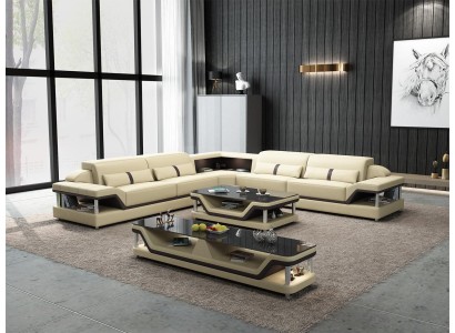 Ecksofa Schwarz mit Couchtisch 3tlg. Wohnzimmer Ledersofa Set Eckgarnitur Tisch