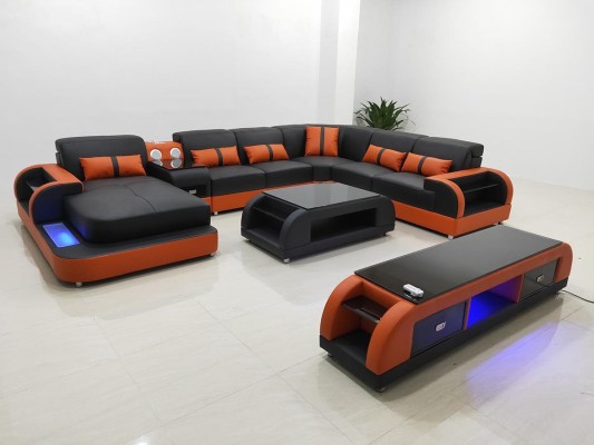 Жилая мягкая мебель Диван Обивка Гарнитур из 3 частей Набор Журнальный столик Сервант Кожа