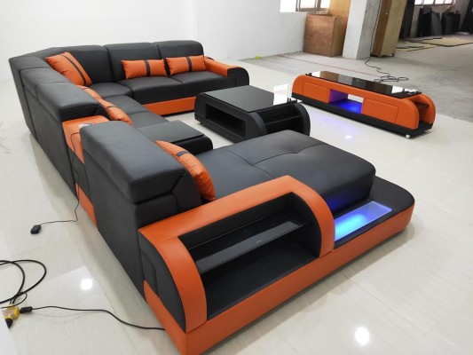 Жилая мягкая мебель Диван Обивка Гарнитур из 3 частей Набор Журнальный столик Сервант Кожа