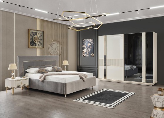 Современный набор для спальни: диван, шкаф, 2 прикроватных столика, 4 предмета мебели.