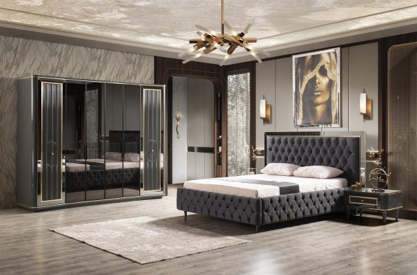 Спальня: дизайн кровати в современном стиле, роскошные кровати 2 шт., 2 тумбочки, гардероб 4 предмета.