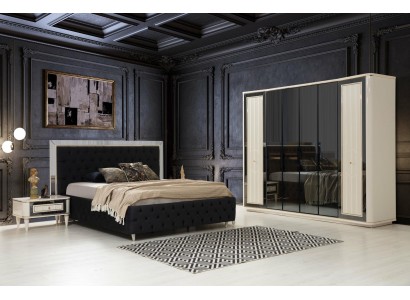 Современный спальный гарнитур: черная кровать + 2 прикроватные тумбы + 4-х дверный шкаф.