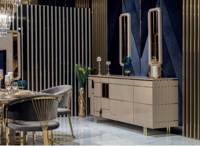 Глянцевый комод xxl Sideboard с зеркалом. Буфет из дерева Sideboards. 2 предмета мебели.