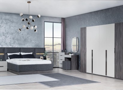 Schlafzimmer Set Möbel Bett 2x Nachttisch Kleiderschrank Möbel Komplett Set 5tlg  Спальня Комплект мебели Кровать 2x Прикроватный столик Шкаф Комплект мебели Полный набор 5 предметов