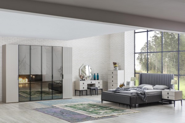 Серый спальный гарнитур - кровать, шкаф, прикроватные тумбы, 7 предметов.