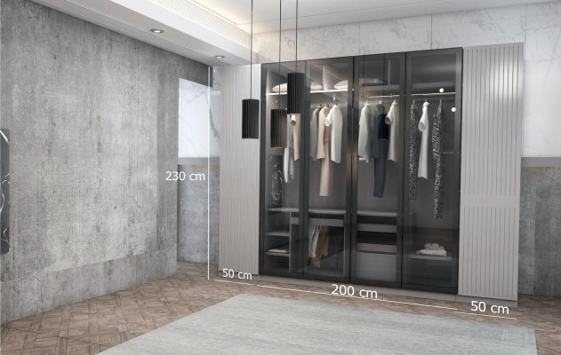 Серый спальный гарнитур - кровать, шкаф, прикроватные тумбы, 7 предметов.