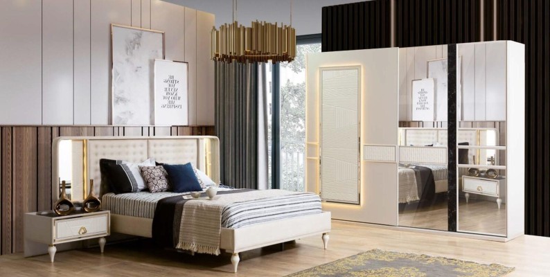 Кровать, комод, 2 ночных столика - набор мебели для спальни в современном стиле, роскошные новые кровати.