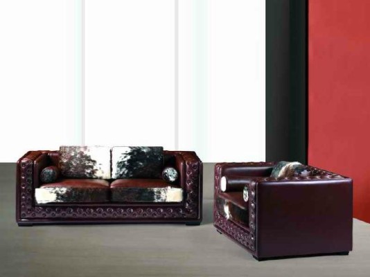 Dunkelrote Chesterfield Sofagarnitur 3+2 Sitzer 2tlg. Leder-Set mit Ponyfell 