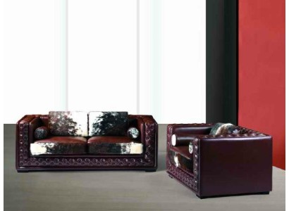 Dunkelrote Chesterfield Sofagarnitur 3+2 Sitzer 2tlg. Leder-Set mit Ponyfell 