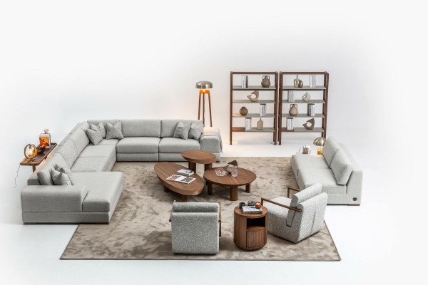 Schlankes, modernes 2-Sitzer weiches Sofa mit integriertem Holztisch und breitem Sitz