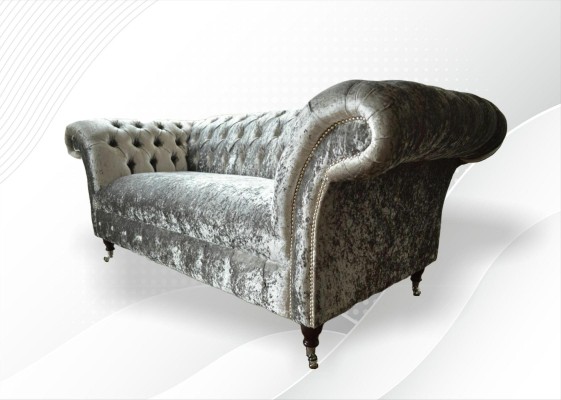 Sofa 2 Sitzer Chesterfield Couch Polster Samt Stoff Zweisitzer Samt Grau Silber