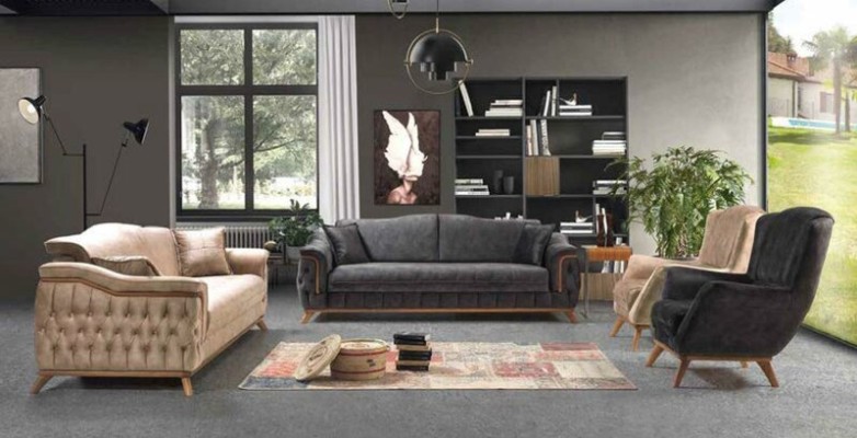 Sofa 3 Sitzer Sofas Sitz Stoff Schwarze Textil Polster Wohnzimmer