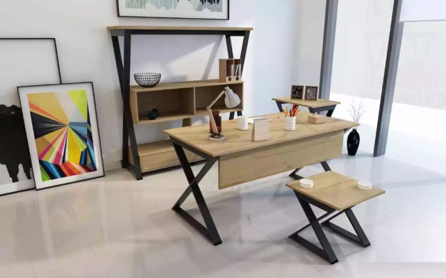 Коричневый набор мебели: письменный стол, книжная полка, журнальные столики, консольный стол, 4 предмета.