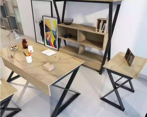 Коричневый набор мебели: письменный стол, книжная полка, журнальные столики, консольный стол, 4 предмета.