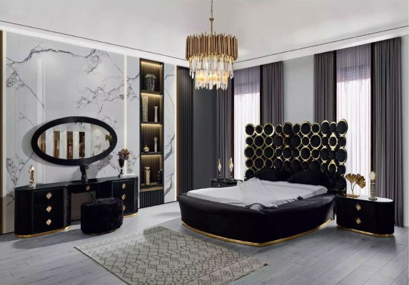 Полный комплект спальни: роскошная кровать, 2 прикроватные тумбы, туалетный столик, зеркало (5 предметов).