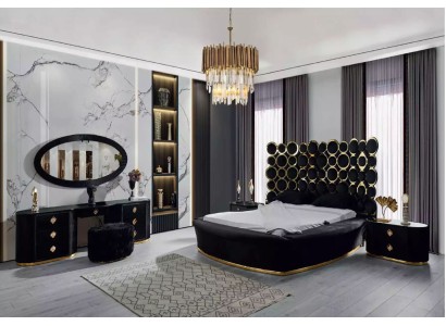 Полный комплект спальни: роскошная кровать, 2 прикроватные тумбы, туалетный столик, зеркало (5 предметов).