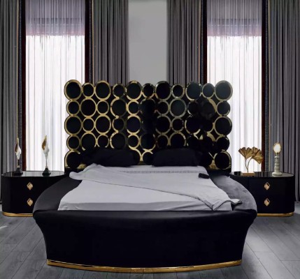 Полный комплект спальни: роскошная кровать, 2 прикроватные тумбы, туалетный столик, зеркало (5 предметов).