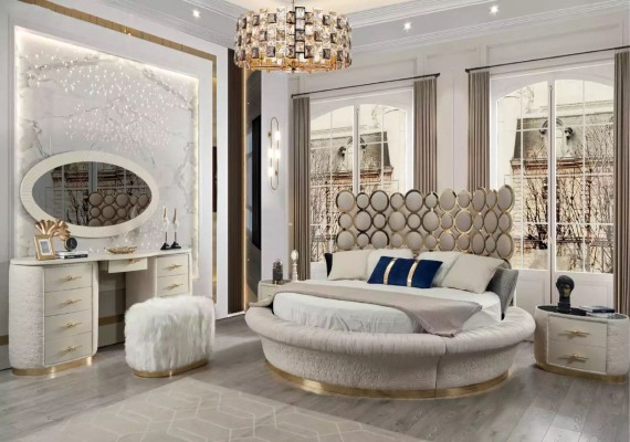 Современный комплект спальни: кровать + 2 прикроватные тумбочки + туалетный столик + зеркало, 5 предметов.