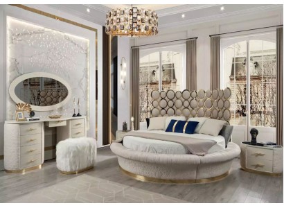 Современный комплект спальни: кровать + 2 прикроватные тумбочки + туалетный столик + зеркало, 5 предметов.