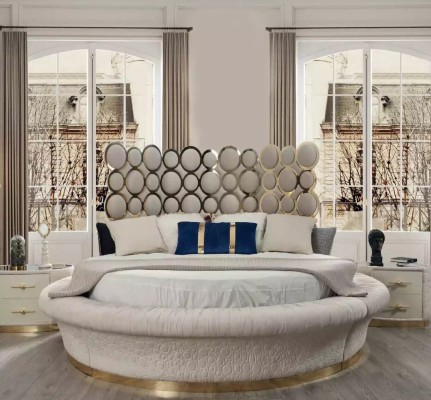 Современный комплект спальни: кровать + 2 прикроватные тумбочки + туалетный столик + зеркало, 5 предметов.