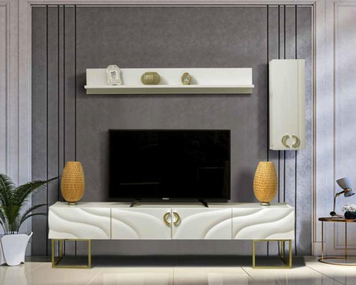 Стенка для гостиной с ТВ тумбой, ТВ стойка 220 см, низкая тумба, стенки для гостиной, дерево, белый цвет.