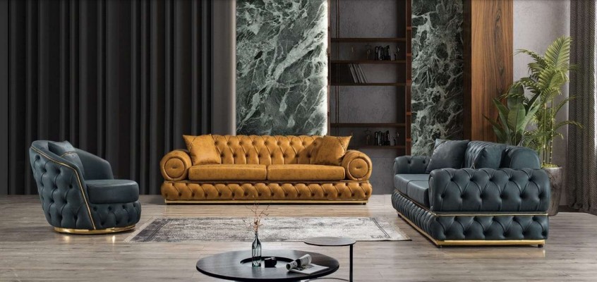 Luxus Chesterfield Sofagarnitur 3+3+1 Sitzer Garnitur Sofa Sessel Sofas Leder