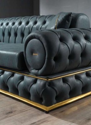 Sofa 3 Sitzer Chesterfield Polster Sofas Dreisitzer Leder Wohnzimmer Blau Möbel