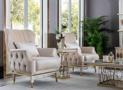 Sessel Beige Elegantes Polster Stoff 1Sitzer Chesterfield Modern Wohnzimmer Neu
