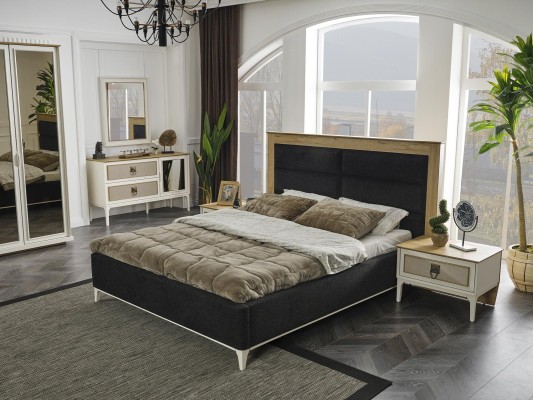 Комплект мебели для спальни белого цвета: кровать, прикроватная тумбочка, платяной шкаф, комод, 5 предметов.