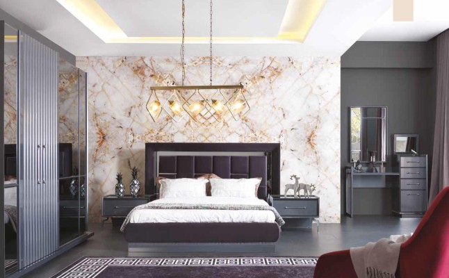 Современный спальный гарнитур серый, кровать, 2 прикроватные тумбочки, платяной шкаф, комод, 5 предметов.