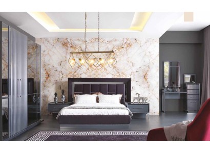 Современный спальный гарнитур серый, кровать, 2 прикроватные тумбочки, платяной шкаф, комод, 5 предметов.