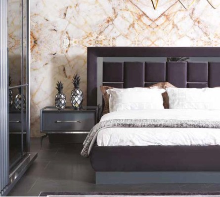 Современный спальный гарнитур серый, кровать, 2 прикроватные тумбочки, платяной шкаф, комод, 5 предметов.