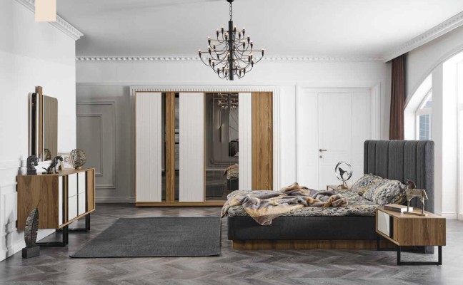 Полный комплект спальни: кровать, прикроватный столик, шкаф для одежды, комод. Дизайн 5 элементов.