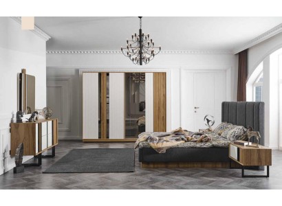 Полный комплект спальни: кровать, прикроватный столик, шкаф для одежды, комод. Дизайн 5 элементов.