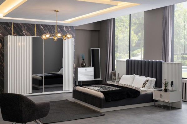 Полный набор для спальни: кровать, прикроватный столик, шкаф, комод, дизайн, 5 предметов.