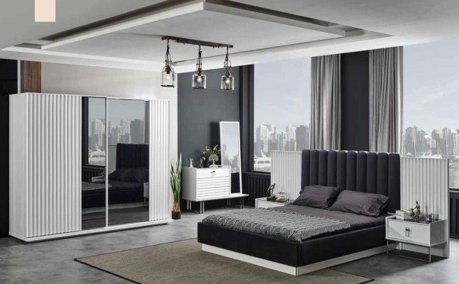 Полный набор для спальни: кровать, прикроватный столик, шкаф, комод, дизайн, 5 предметов.