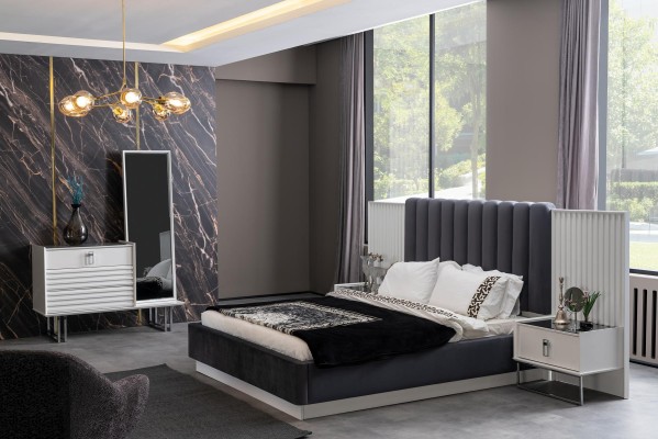 Полный набор для спальни: кровать, прикроватный столик, шкаф, комод, дизайн, 5 предметов.