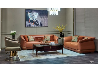 moderne Sofa Garnitur 3+2 Sitzer Design Ledersofa Couch Leder Orange